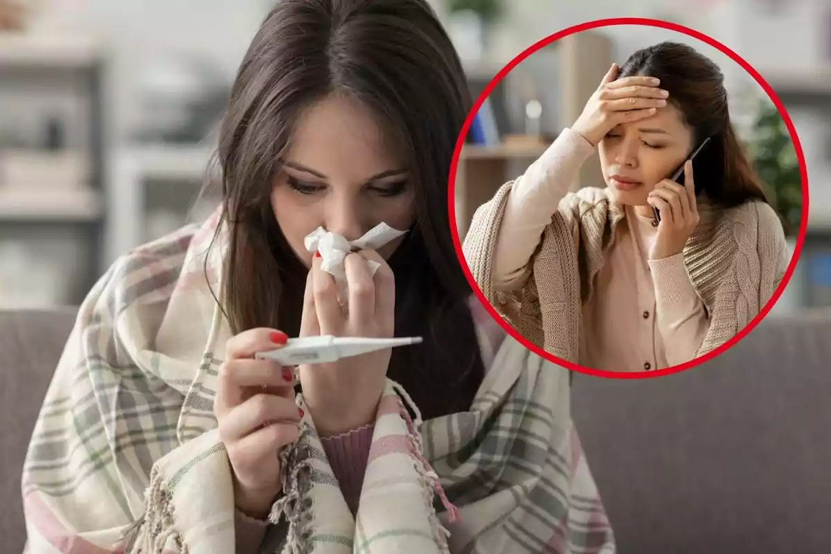 Dona malalta amb una manta revisant un termòmetre mentre se sona el nas, amb una imatge inserida d'una altra dona parlant per telèfon i tocant-se el front.