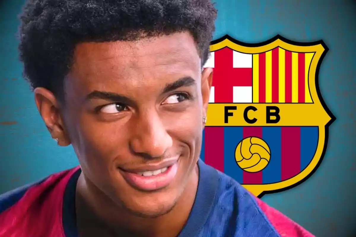 A smiling man in a blue and red shirt, with the FC Barcelona crest in the background.