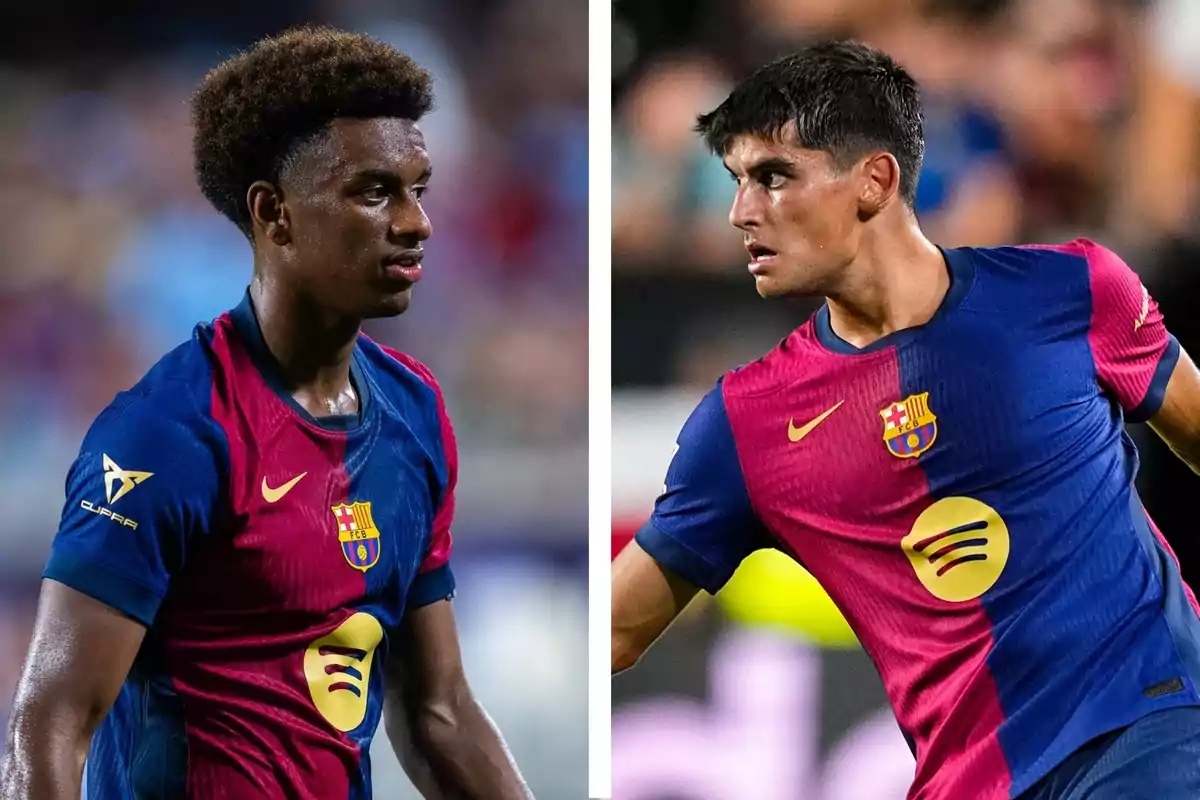 Two Barcelona players in blue and red uniforms during a match Two Barcelona players in blue and red uniforms during a match