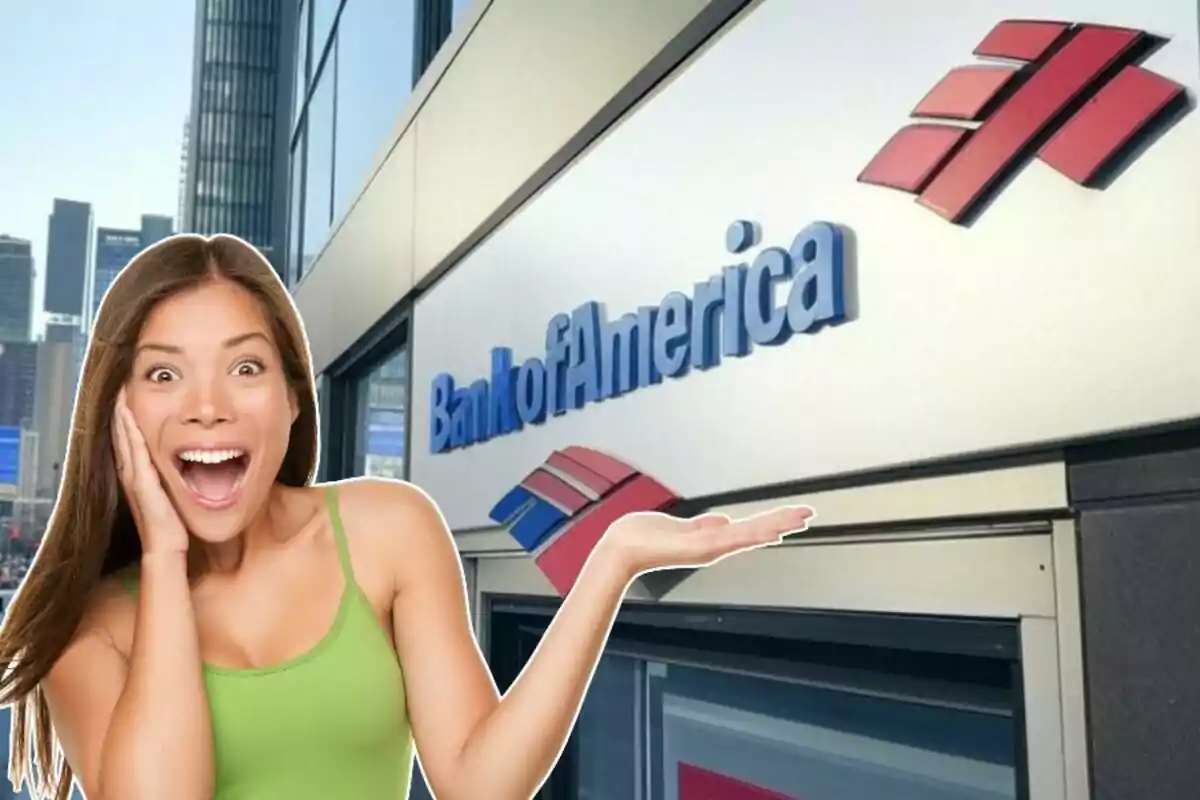 A woman with an expression of surprise and excitement is in front of a building with a bank logo.