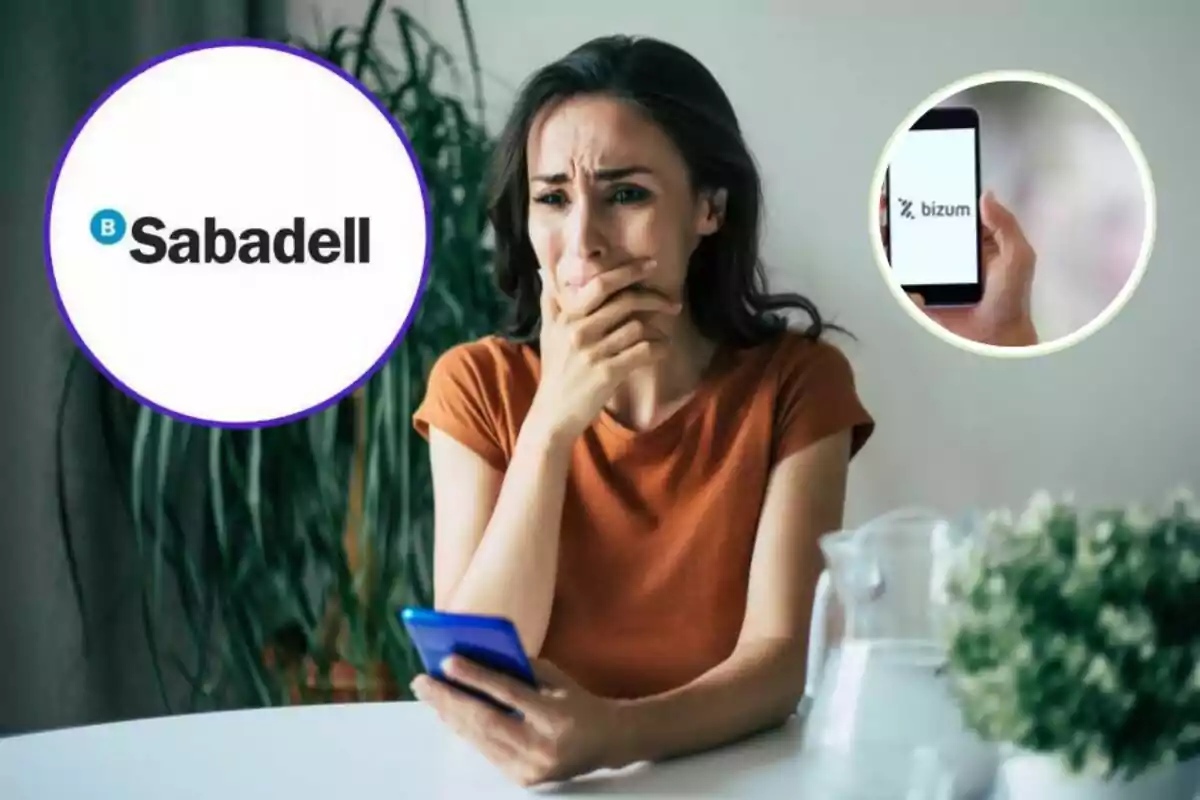 Una dona amb expressió preocupada sosté un telèfon mòbil, amb els logotips de Sabadell i Bizum a la imatge.