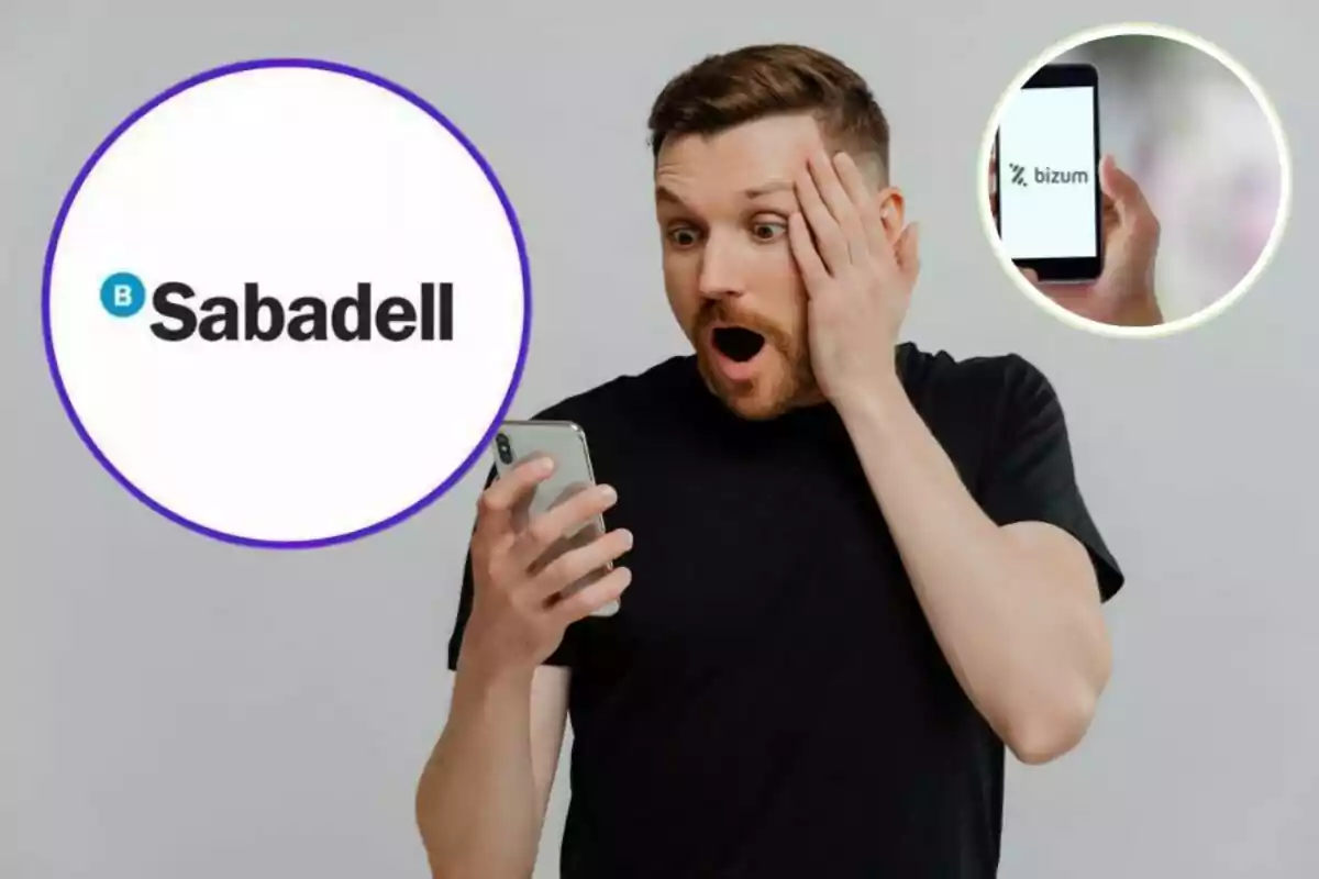 Hombre sorprendido mirando su teléfono móvil con los logotipos de Sabadell y Bizum en el fondo.