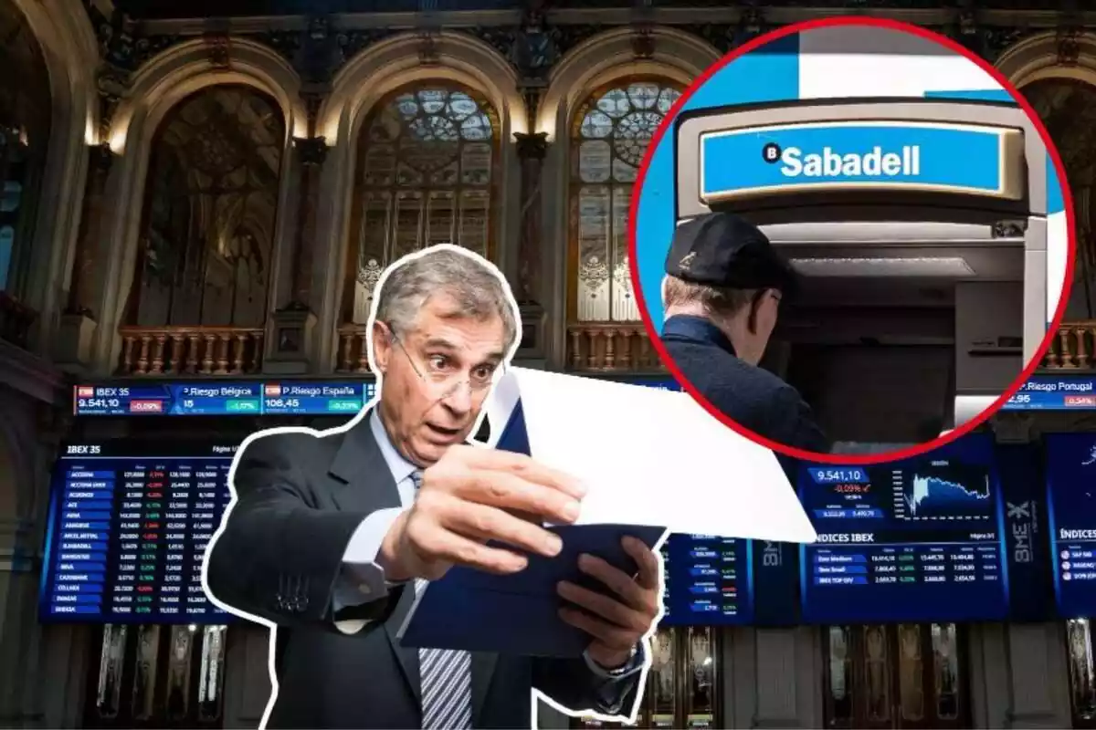 Imatge de fons de l'edifici de la Borsa de Comerç de Madrid amb una imatge d'un home mirant uns documents en primer pla i una altra d'un home traient diners d'un caixer del banc Sabadell