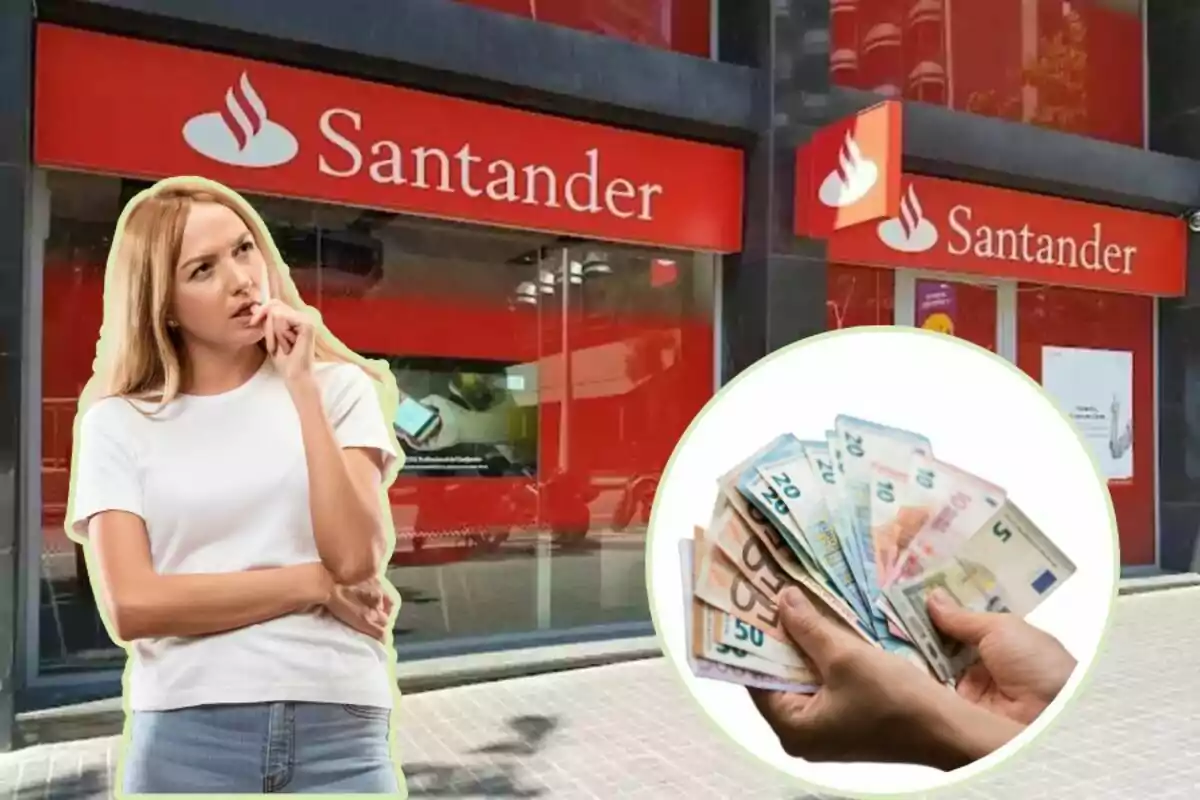 Una dona pensativa davant d'una sucursal del banc Santander amb una imatge de mans sostenint bitllets.