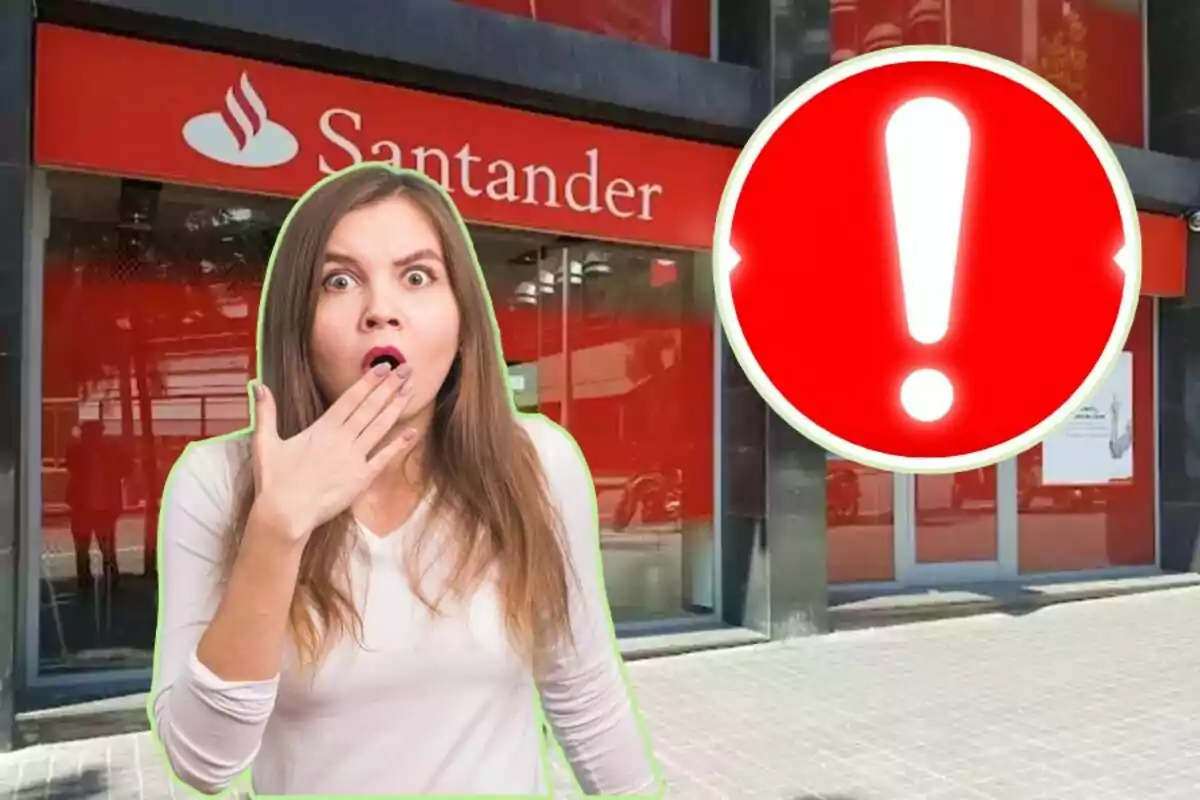 Una dona amb expressió de sorpresa davant d?una sucursal del banc Santander i un signe d?exclamació vermell.