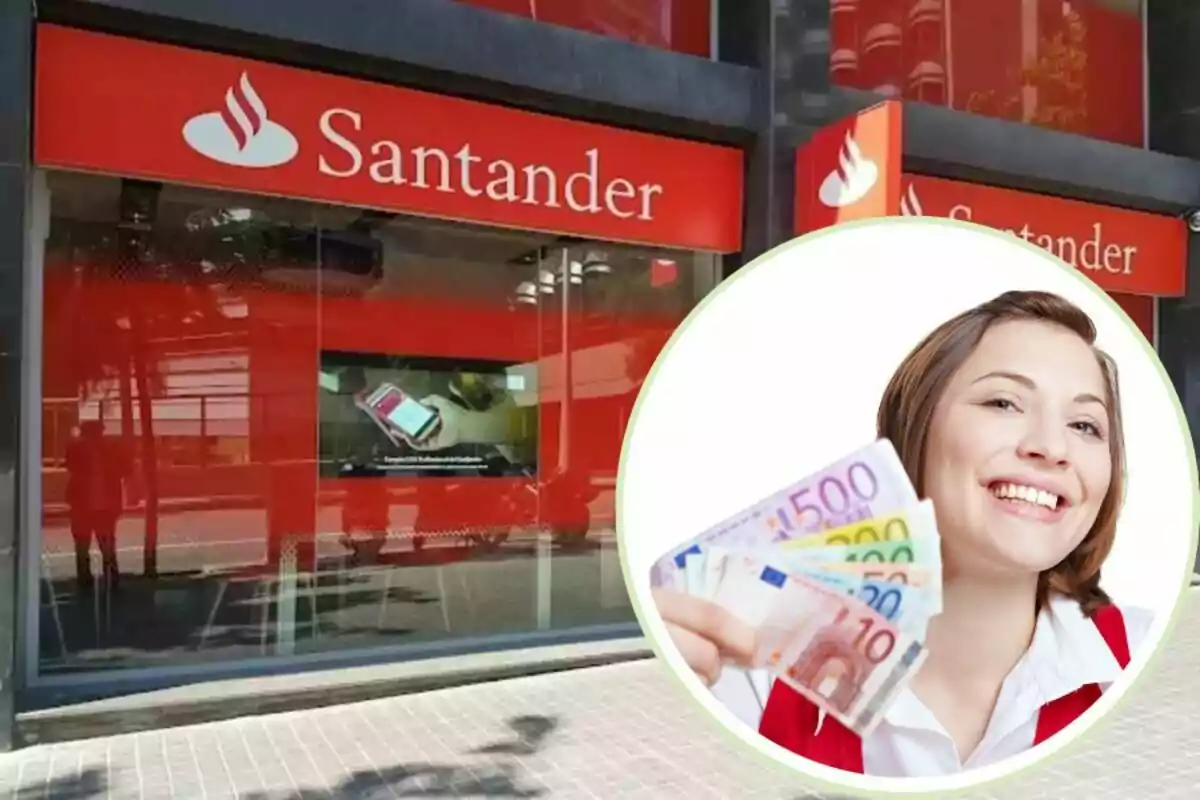 Façana d?una sucursal del banc Santander amb una dona somrient i sostenint bitllets d?euro.