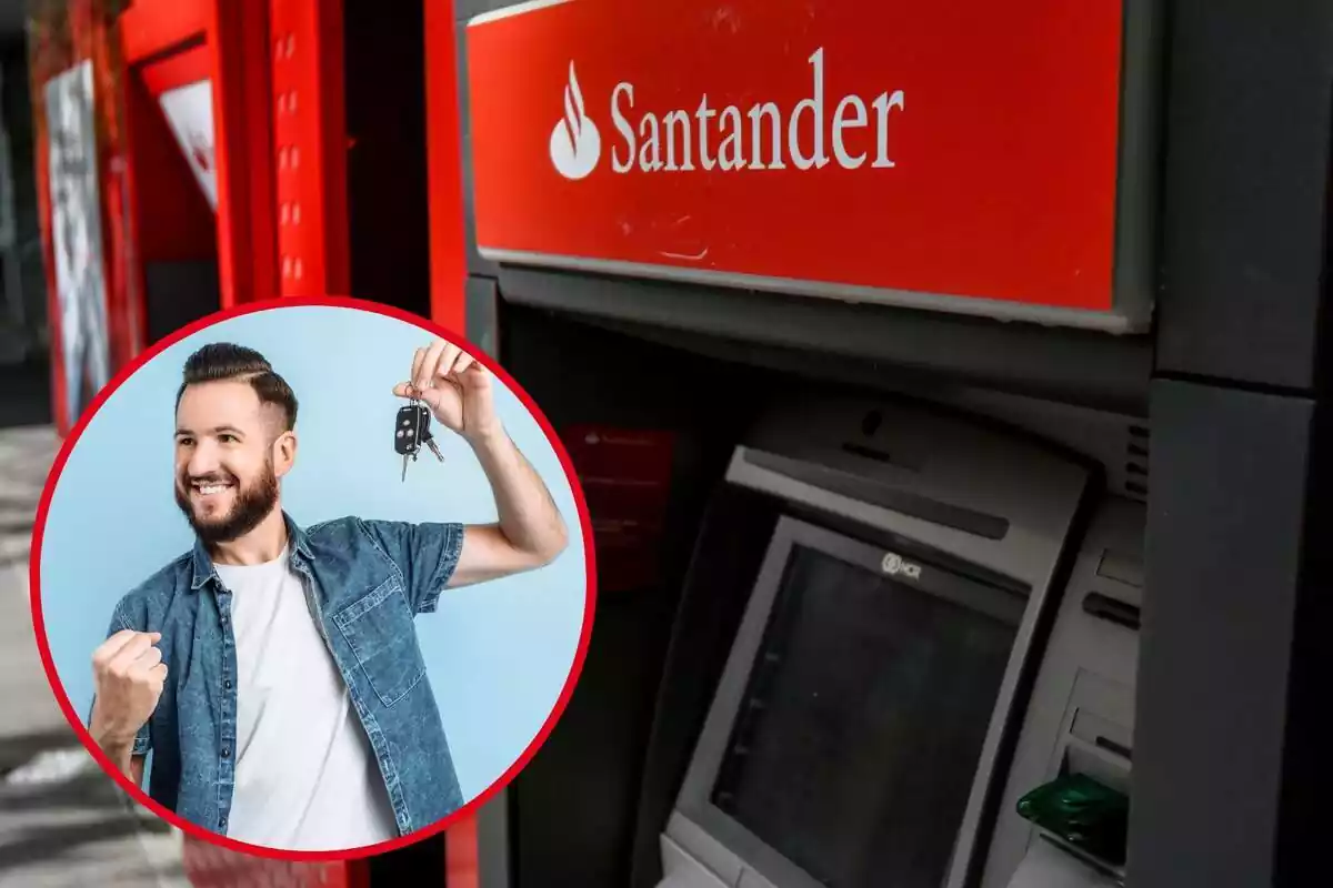 Imatge de fons d'un caixer del Banco Santander i una altra imatge d'una persona amb unes claus de cotxe a la mà