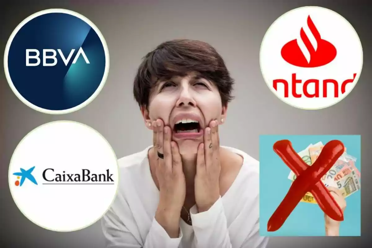 Una persona amb expressió d'angoixa envoltada dels logotips de BBVA, Santander i CaixaBank, juntament amb una imatge de diners ratllats amb una X vermella.