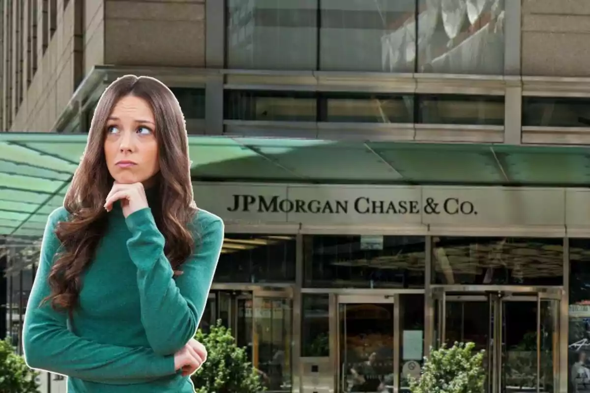 A woman with a pensive expression is in front of a JP Morgan Chase & Co. building.