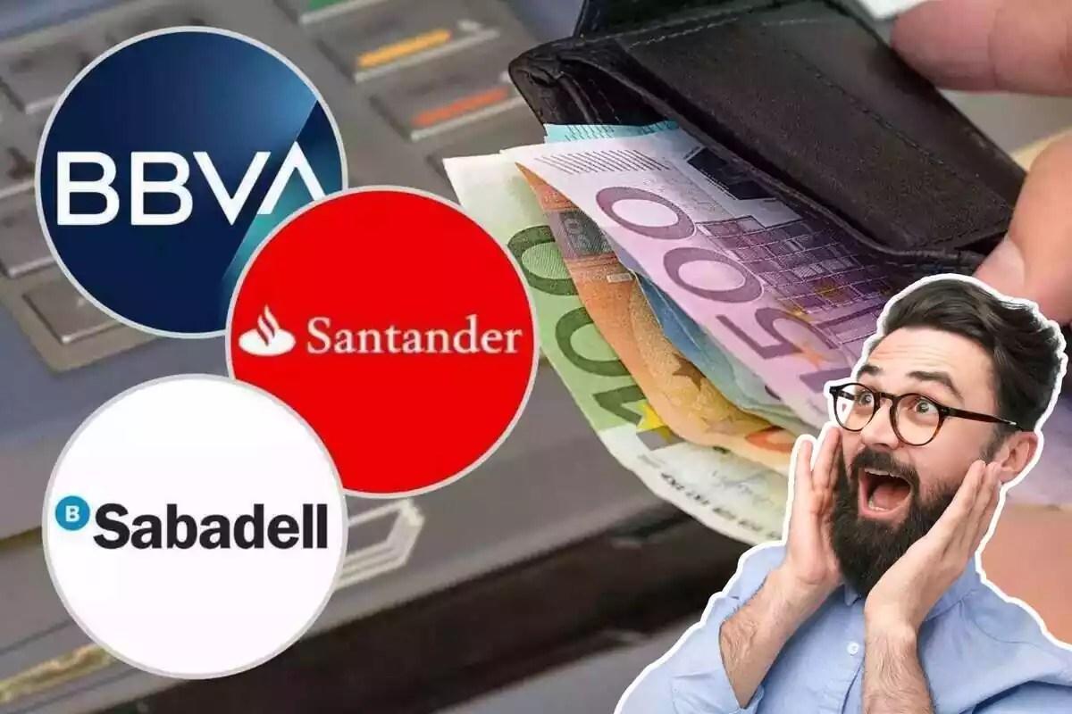 Imatge de fons d'una persona traient bitllets d'un caixer, amb els tres logos de BBVA, Sabadell i Santander i un home amb gest de sorpresa