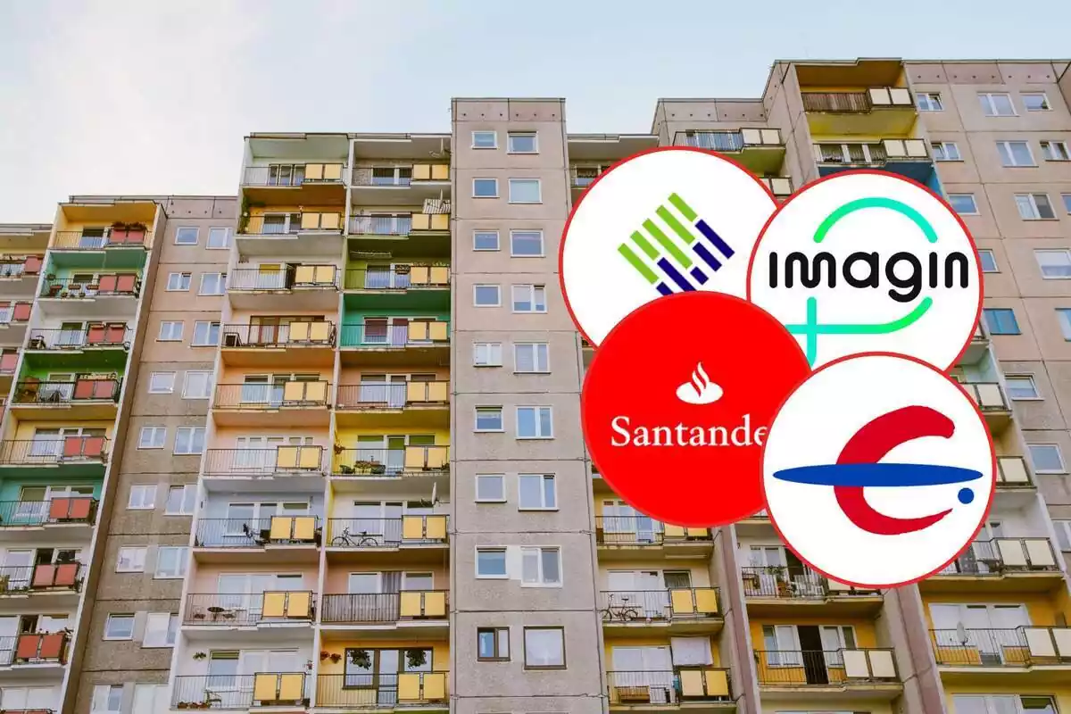 Muntatge amb un bloc de vivendes i diversos logos de bancs espanyols
