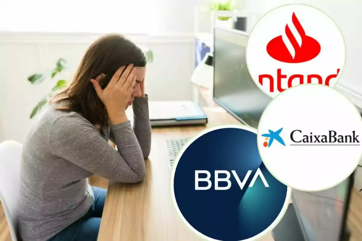 Dona estressada davant d'un ordinador amb logotips de bancs.