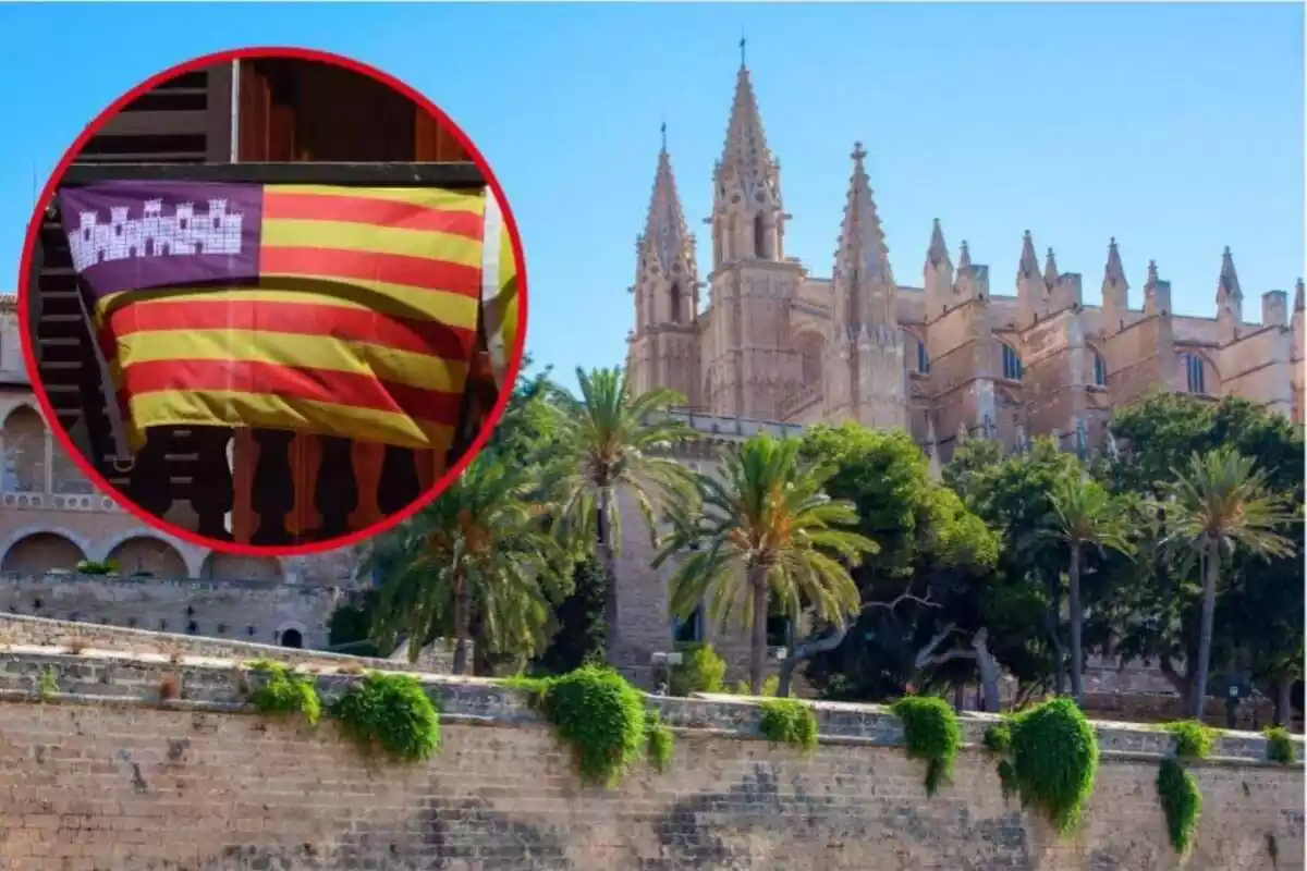 Imatge de fons de la Catedral de Palma de Mallorca i una altra imatge a primer pla d'una bandera de les Illes Balears