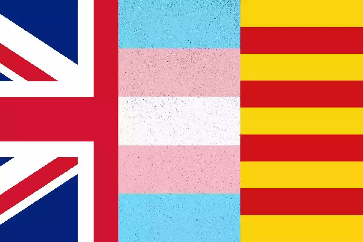 Muntatge de les banderes del Regne Unit, Catalunya i la bandera trans