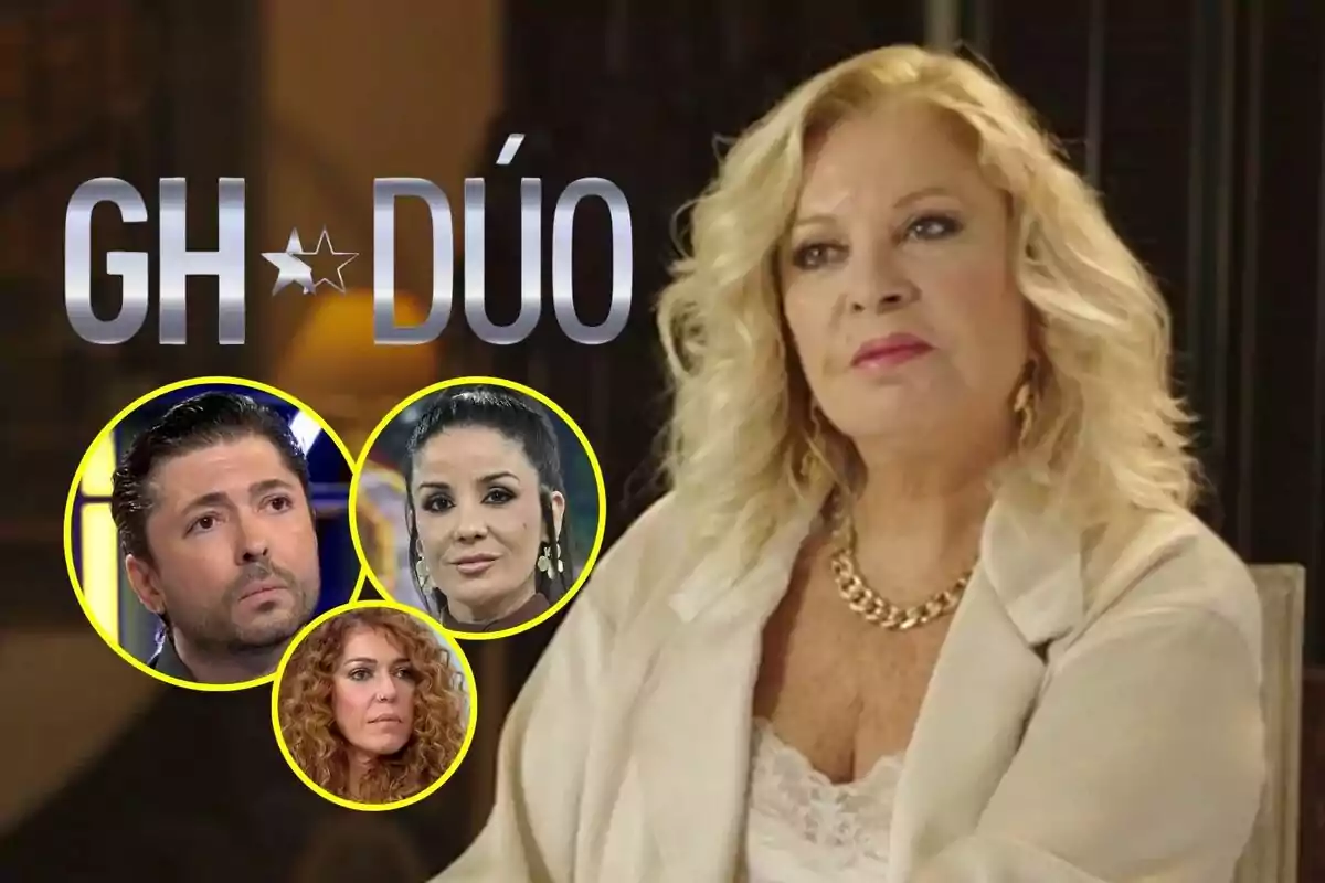 Bárbara Rey rossa amb expressió seriosa apareix a la imatge al costat del logo de "GH Duo" i Ángel Crist JR, Ana Herminia i Sofía Cristo en cercles grocs.