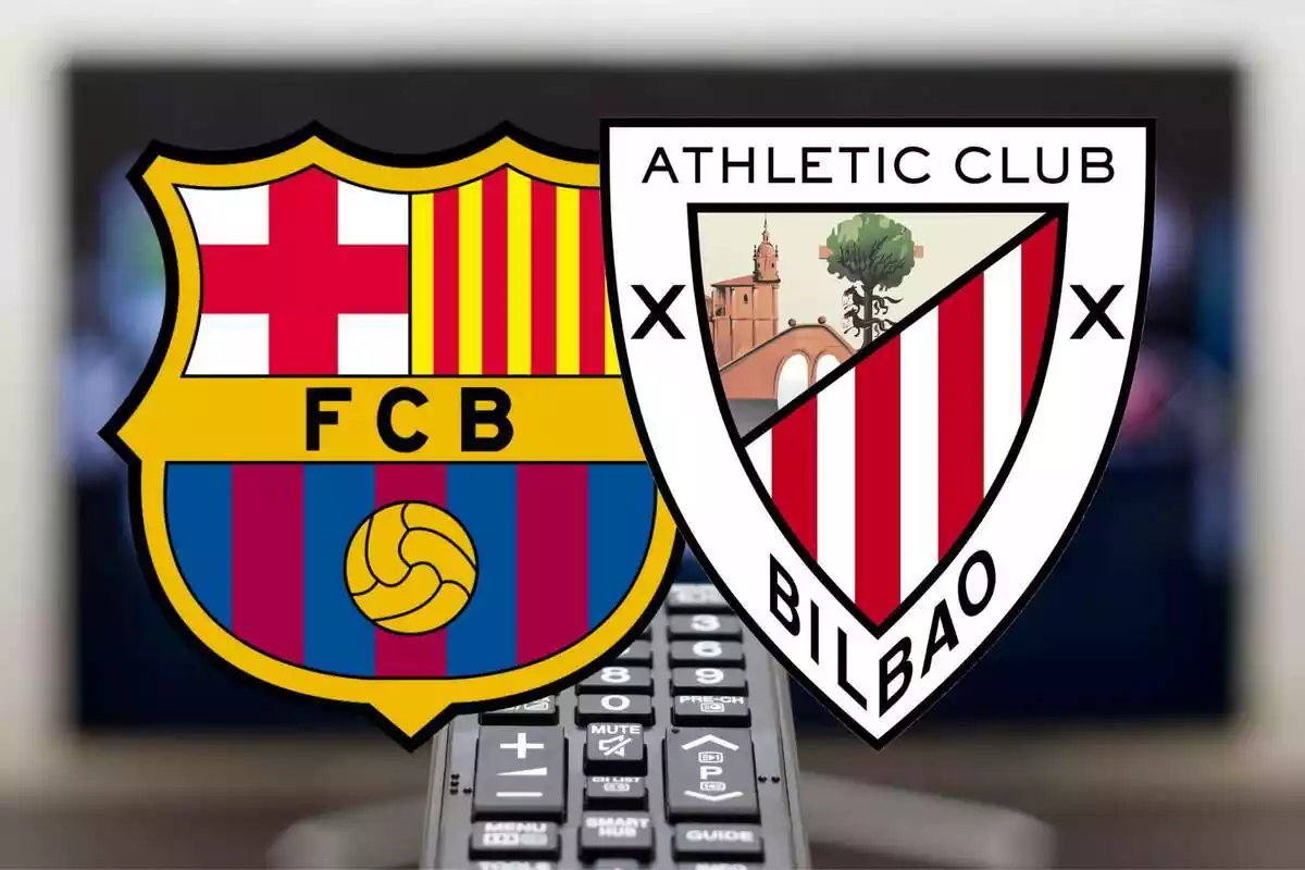 Muntatge dels escuts del FC Barcelona i l'Athletic Club amb un comandament de tv al mig