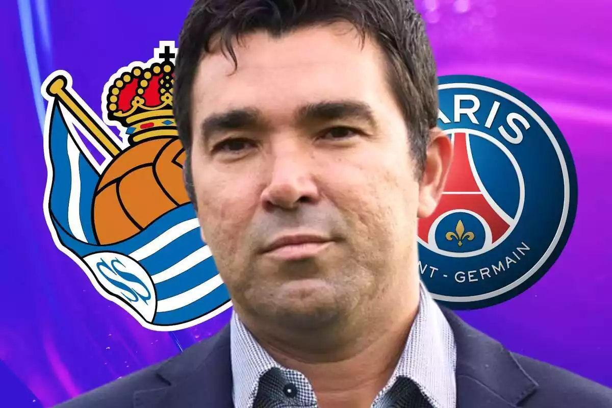 El director esportiu del Barça, Deco, amb una foto que il·lustra els logos de la Reial Societat i del PSG