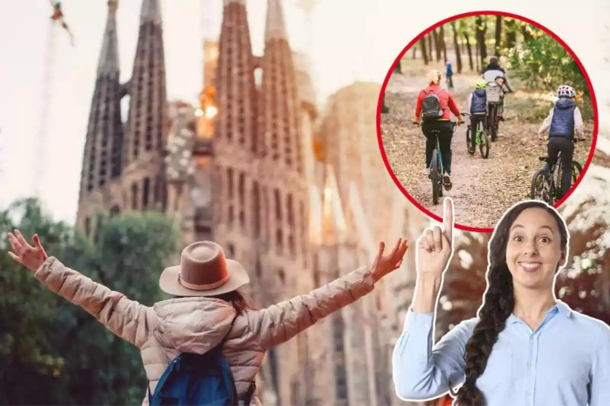 Imatge de fons d'una persona d'esquena davant de la Sagrada Família, juntament amb una petita imatge d'una família fent ciclisme i una altra d'una dona amb gest d'haver tingut una idea