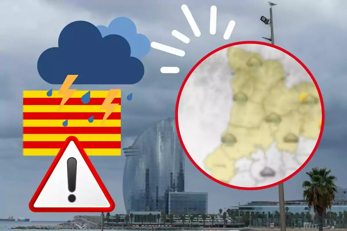 Imatge d´un paisatge urbà amb un cel ennuvolat i símbols d´alerta meteorològica que inclouen núvols, raigs i un mapa en un cercle vermell.