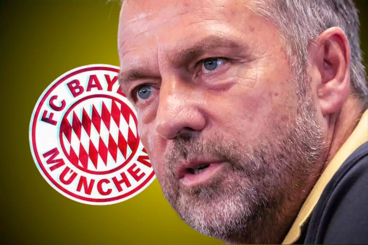 A bearded man with grey hair in the foreground with the FC Bayern Munich logo in the background.