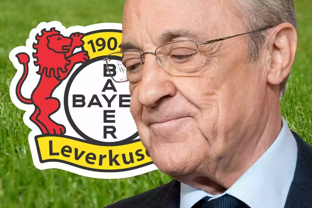 Florentino Pérez mirant a terra amb un mig somriure al costat de l'escut del Bayer Leverkusen