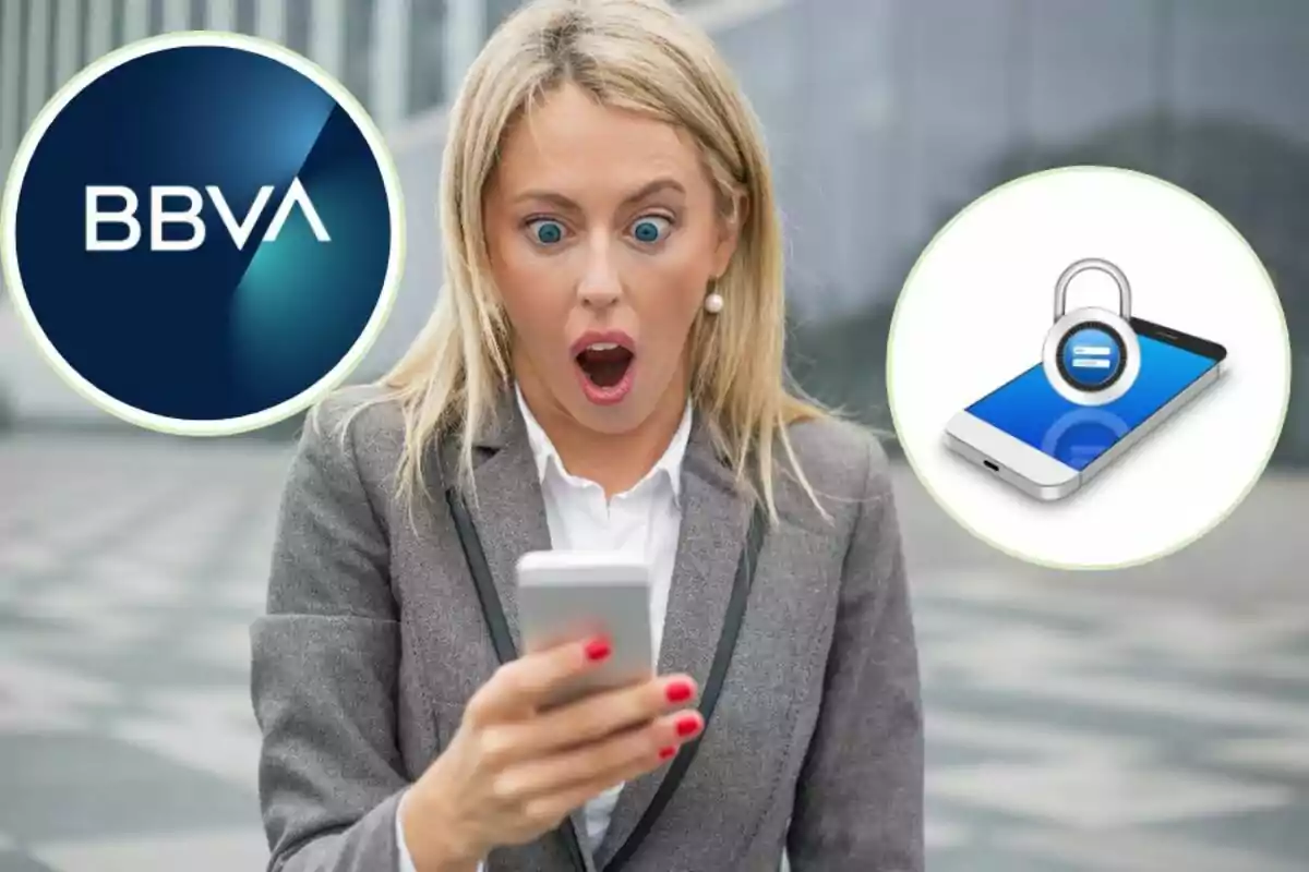 Una dona amb expressió de sorpresa mirant el telèfon mòbil, amb el logo de BBVA i una icona de seguretat de telèfon mòbil al fons.