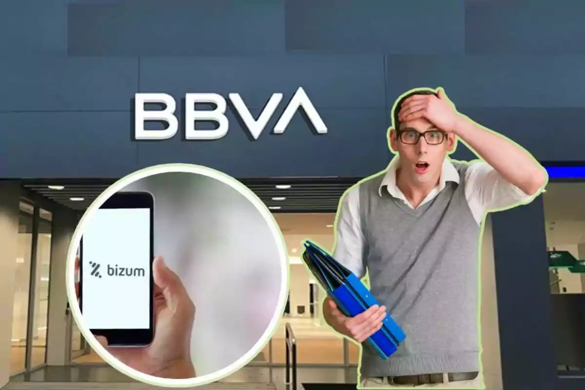 Un home sorprès amb carpetes a la mà davant una sucursal del BBVA i una imatge d?un telèfon mòbil amb l?aplicació Bizum.