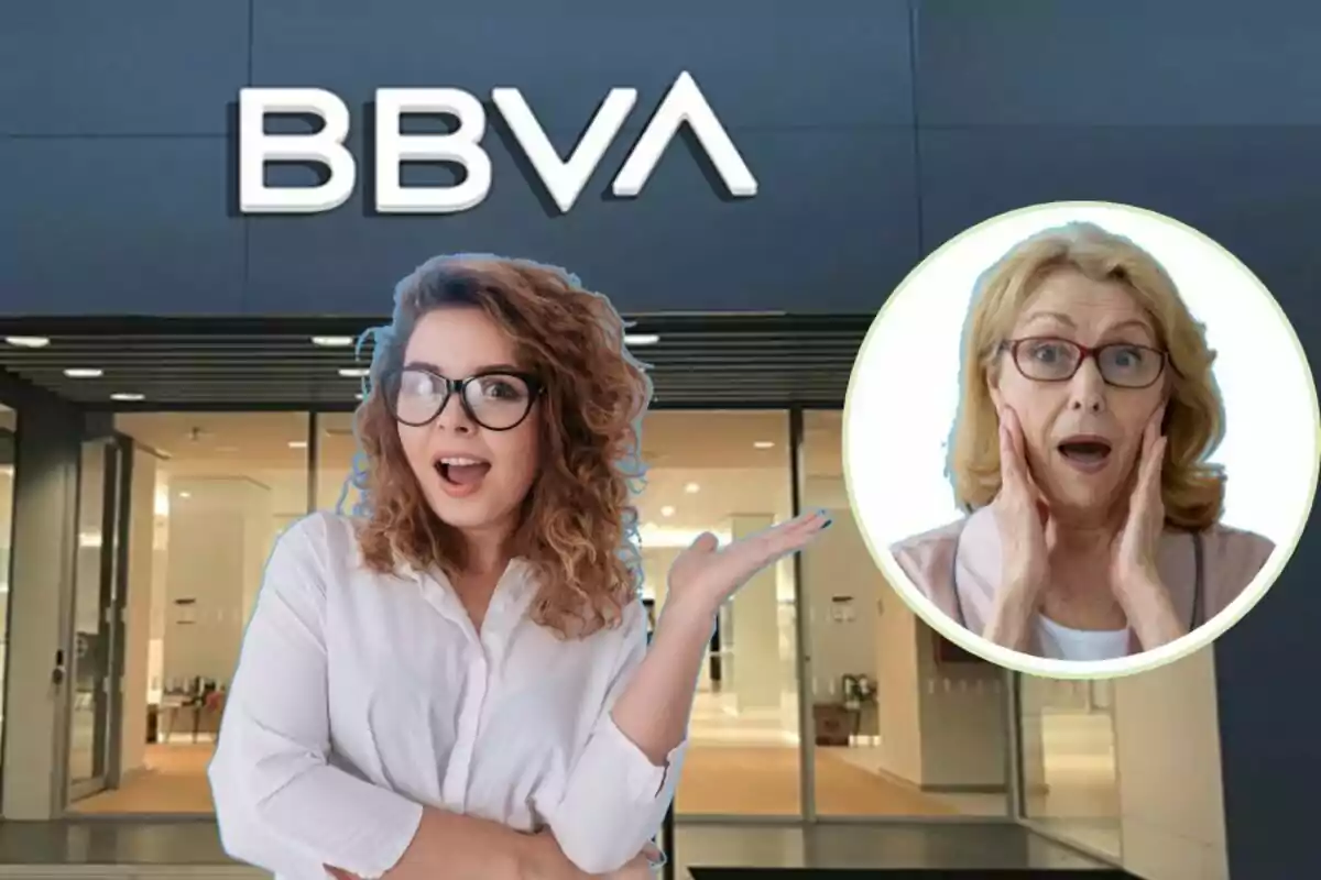 Una dona jove amb ulleres i expressió de sorpresa està davant d'una sucursal de BBVA, mentre que en un cercle a la dreta es mostra una dona gran amb expressió de sorpresa.