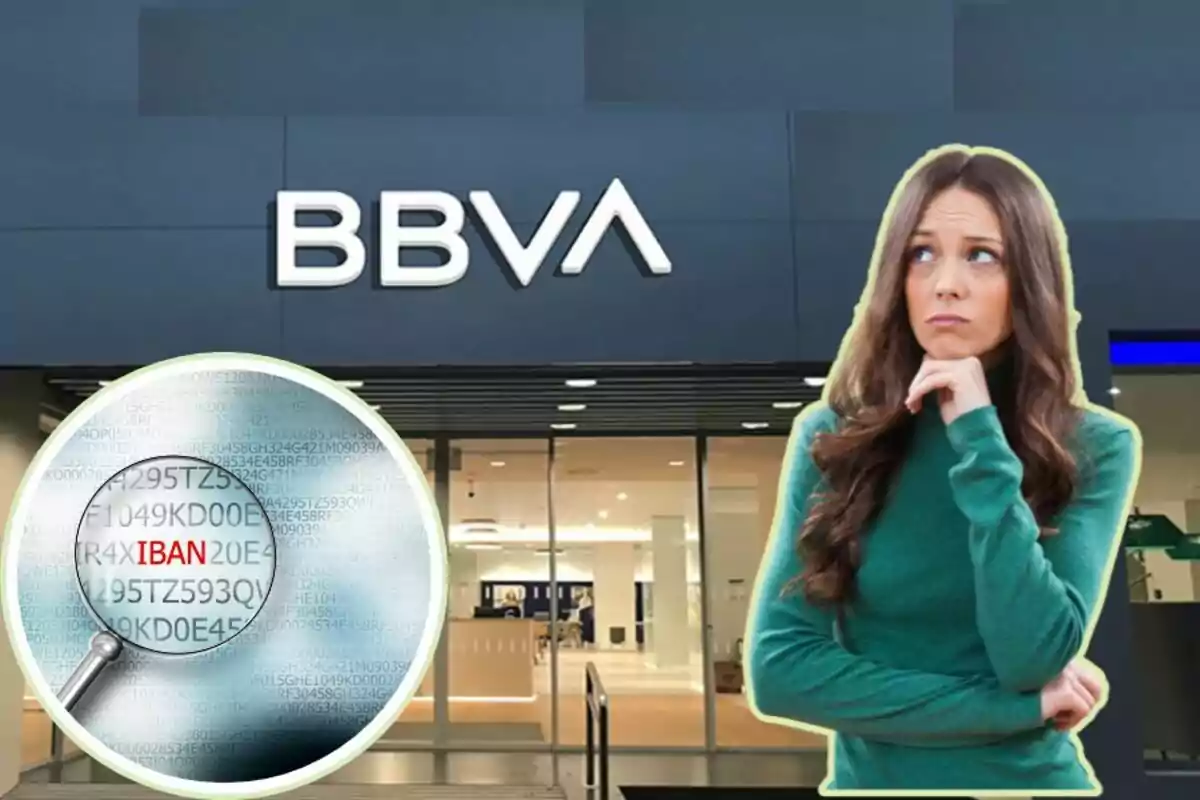Una dona pensativa amb un suèter verd està superposada davant d'una sucursal del banc BBVA, amb una lupa que ressalta la paraula "IBAN" en un fons de números.