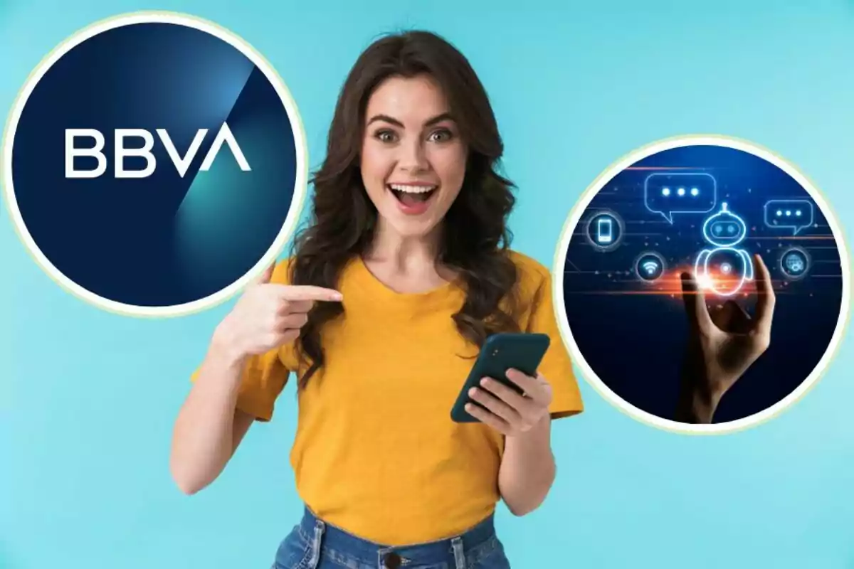 Dona somrient amb samarreta groga sostenint un telèfon mòbil, assenyalant cap al logo de BBVA a l'esquerra i un gràfic de tecnologia digital a la dreta.