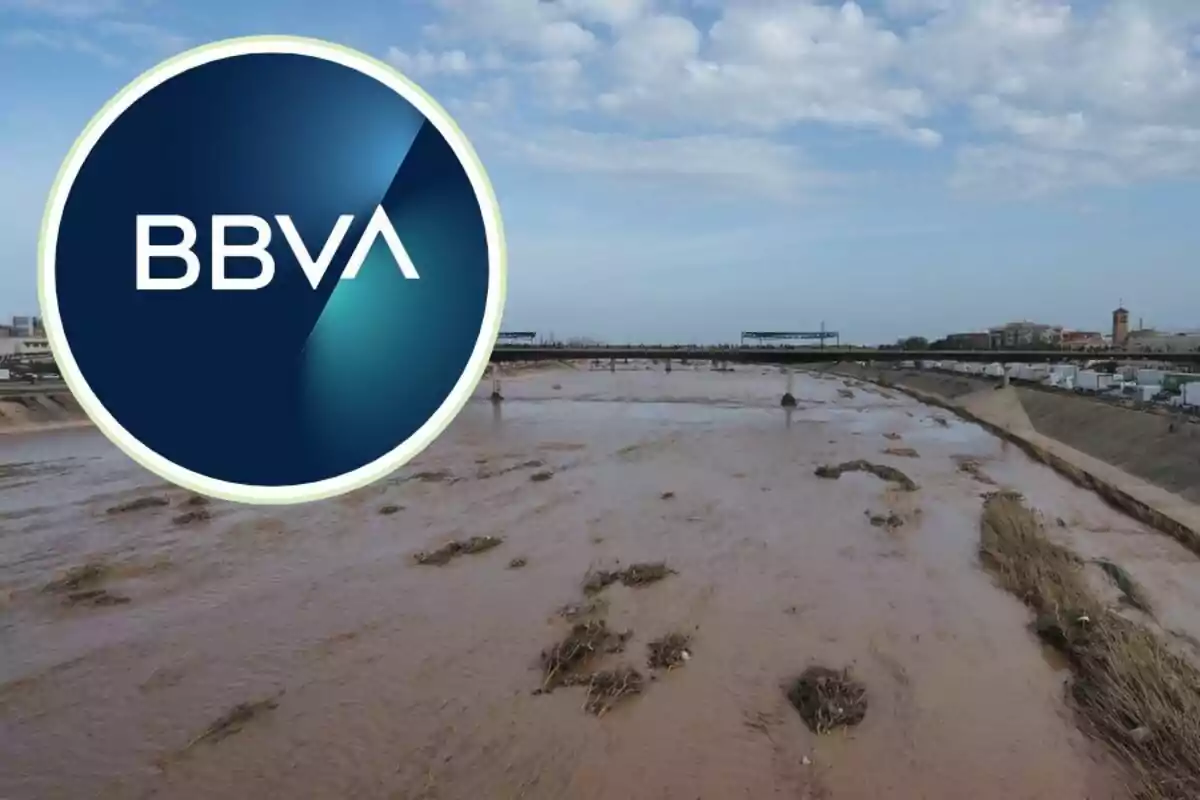Logotip de BBVA sobre una imatge d'un riu desbordat amb un pont al fons i el cel ennuvolat. Logotip de BBVA sobre una imatge d'un riu desbordat amb un pont al fons i el cel ennuvolat.