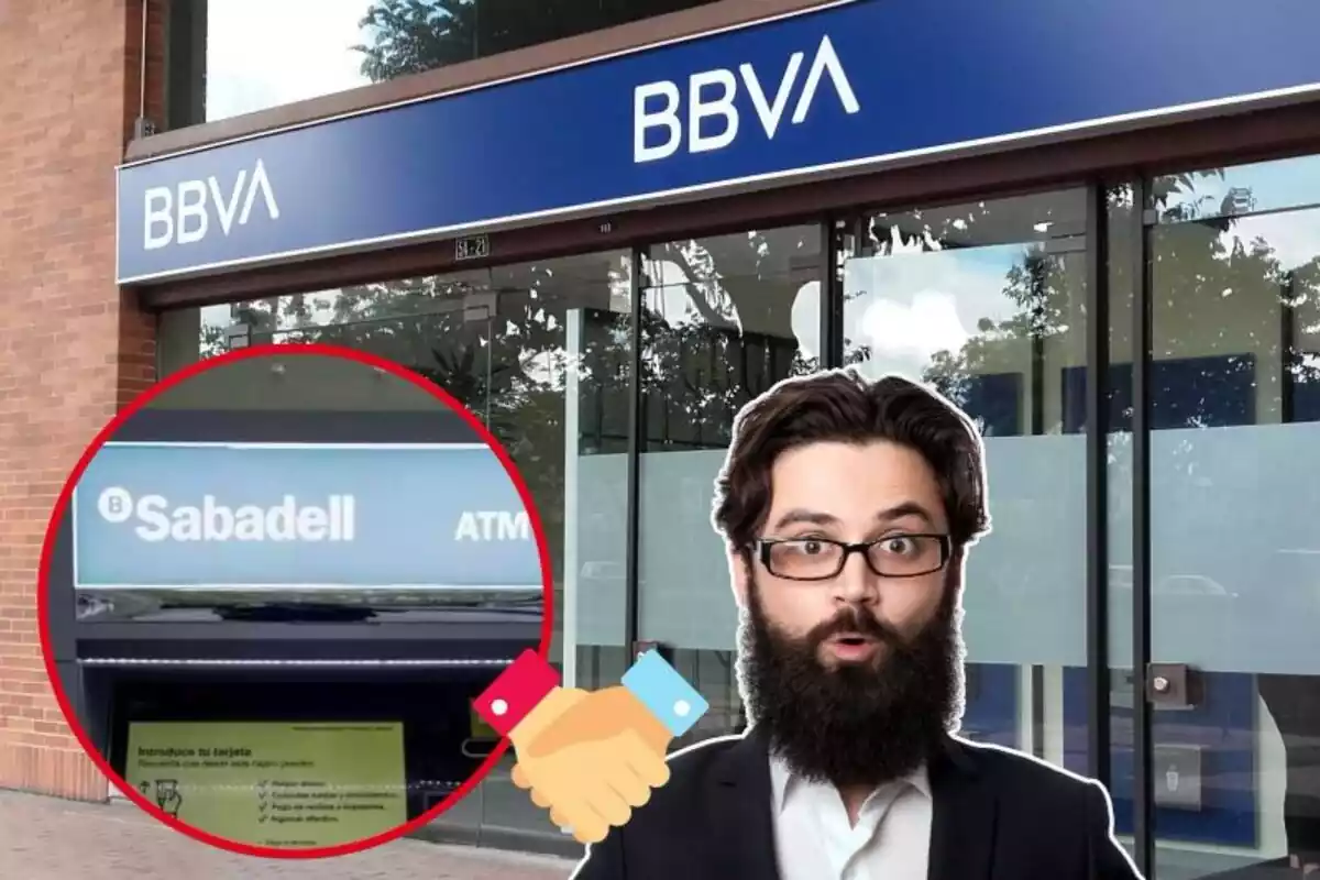 Imatge de fons d'una oficina del BBVA amb una altra imatge d'un caixer del Sabadell i un home amb gest de sorpresa