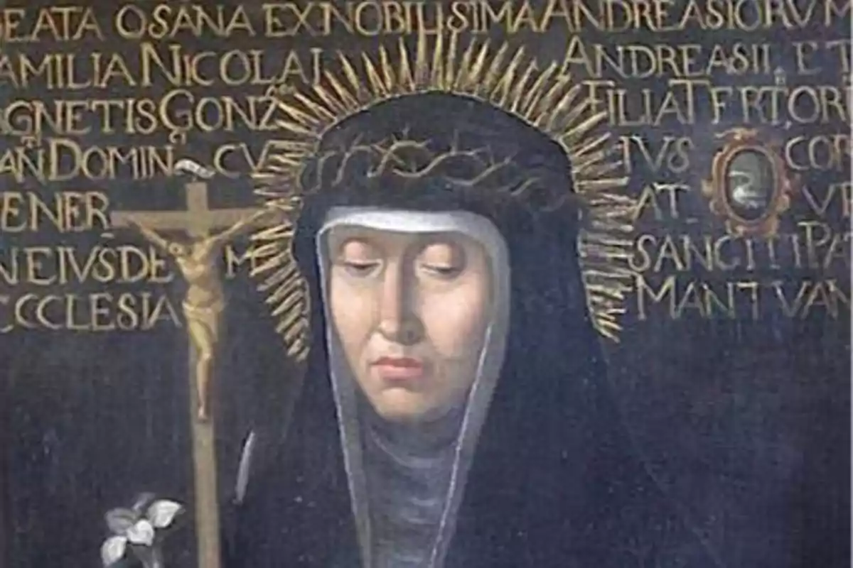 Pintura religiosa d’una dona amb halo daurat vestida amb hàbit fosc sostenint un crucifix i una flor blanca amb fons de lletres daurades Pintura religiosa d’una dona amb halo daurat vestida amb hàbit fosc sostenint un crucifix i una flor blanca amb fons de lletres daurades