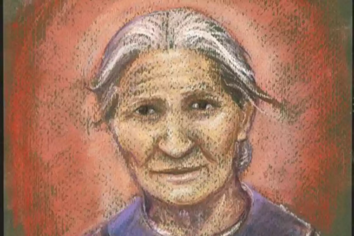 Retrat artístic d’una dona gran de cabells canosos i expressió serena sobre un fons rogenc Retrat artístic d’una dona gran de cabells canosos i expressió serena sobre un fons rogenc