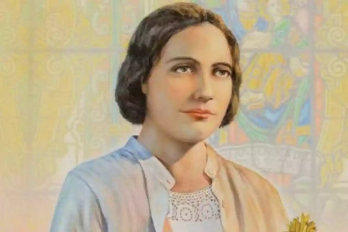 Una il·lustració d'una dona amb cabell fosc i expressió serena, vestida amb una brusa clara, amb un fons de vitralls acolorits. Una il·lustració d'una dona amb cabell fosc i expressió serena, vestida amb una brusa clara, amb un fons de vitralls acolorits.
