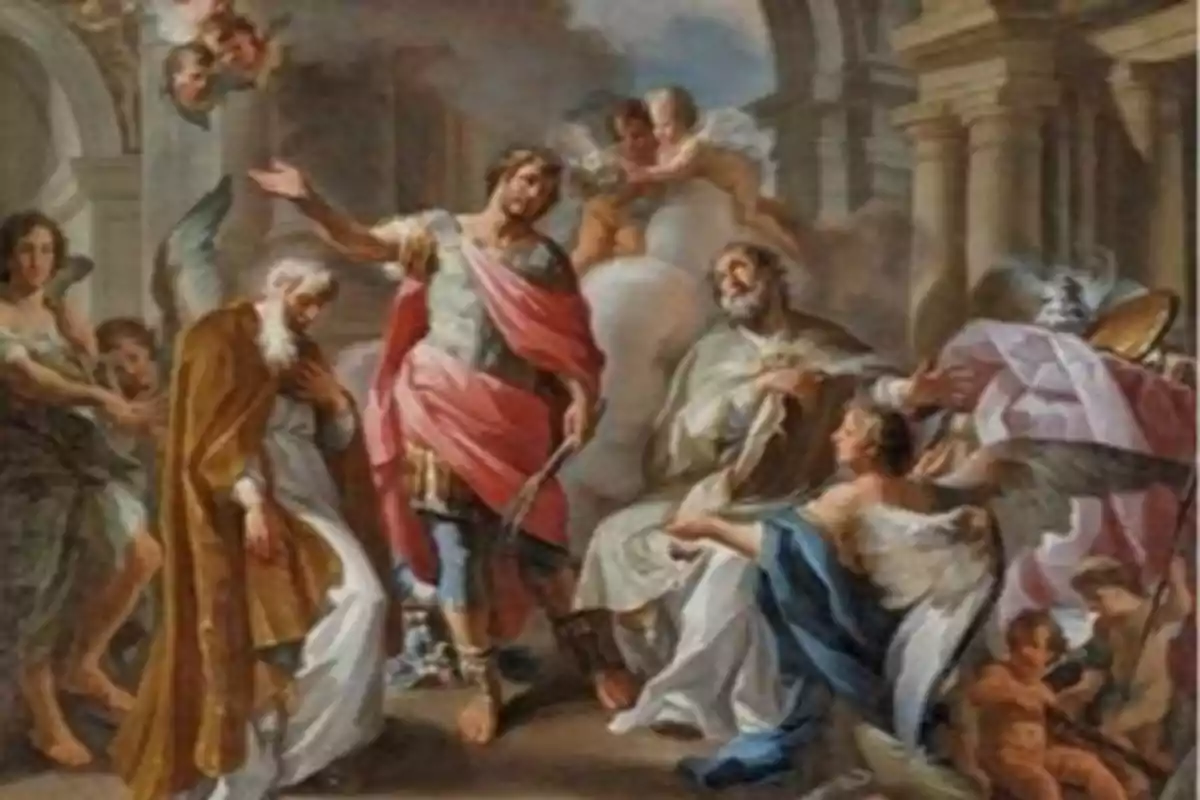 Una pintura clàssica que mostra diverses figures humanes i angelicals en una escena interior amb columnes i arcs. Una pintura clàssica que mostra diverses figures humanes i angelicals en una escena interior amb columnes i arcs.