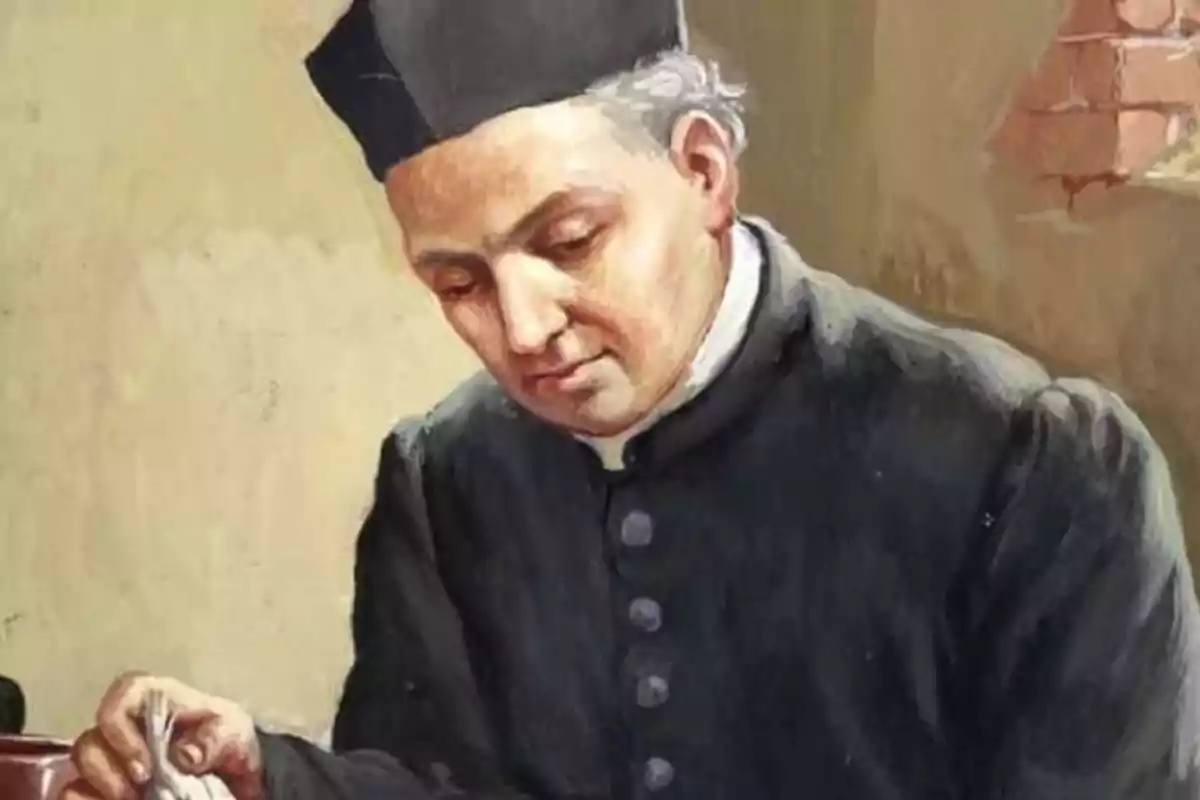 Pintura d’un home amb vestimenta religiosa negra i barret, assegut i mirant cap avall mentre sosté un objecte a la mà Pintura d’un home amb vestimenta religiosa negra i barret, assegut i mirant cap avall mentre sosté un objecte a la mà