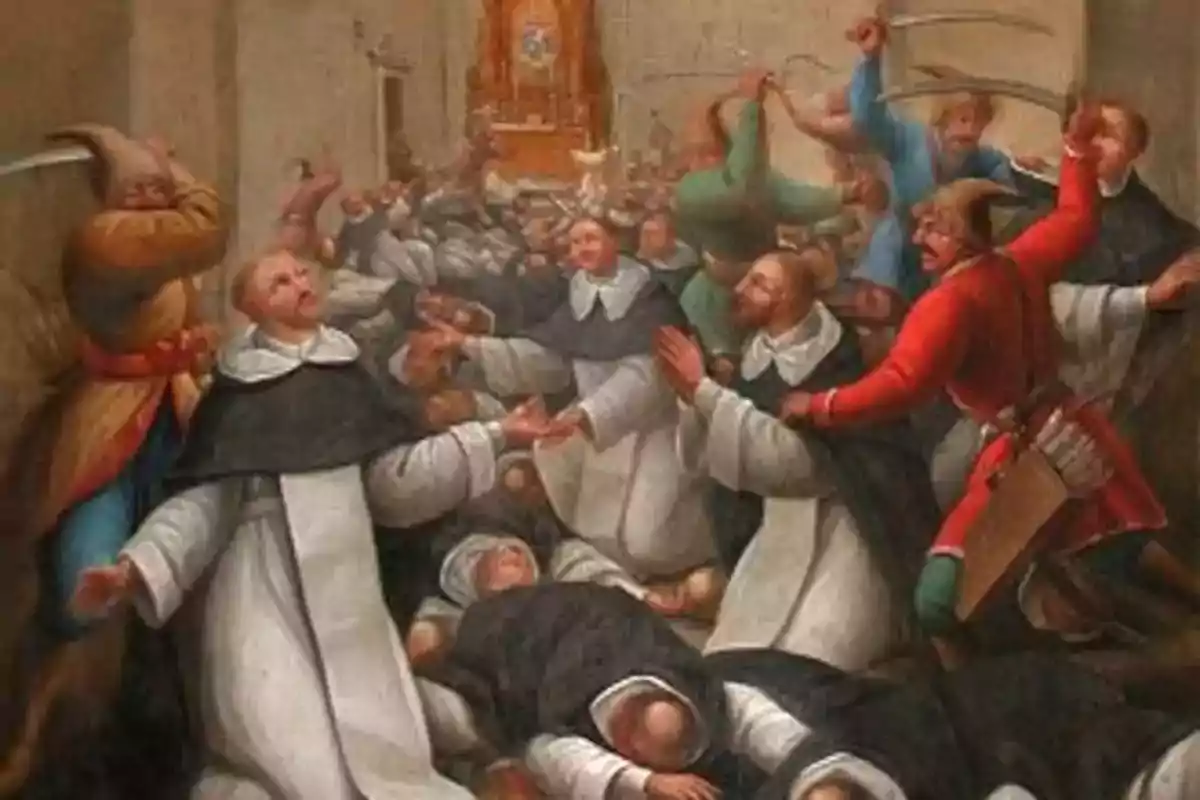 Pintura que mostra diversos monjos sent atacats per homes armats amb espases dins d’un edifici religiós mentre alguns monjos jeuen a terra. Pintura que mostra diversos monjos sent atacats per homes armats amb espases dins d’un edifici religiós mentre alguns monjos jeuen a terra.