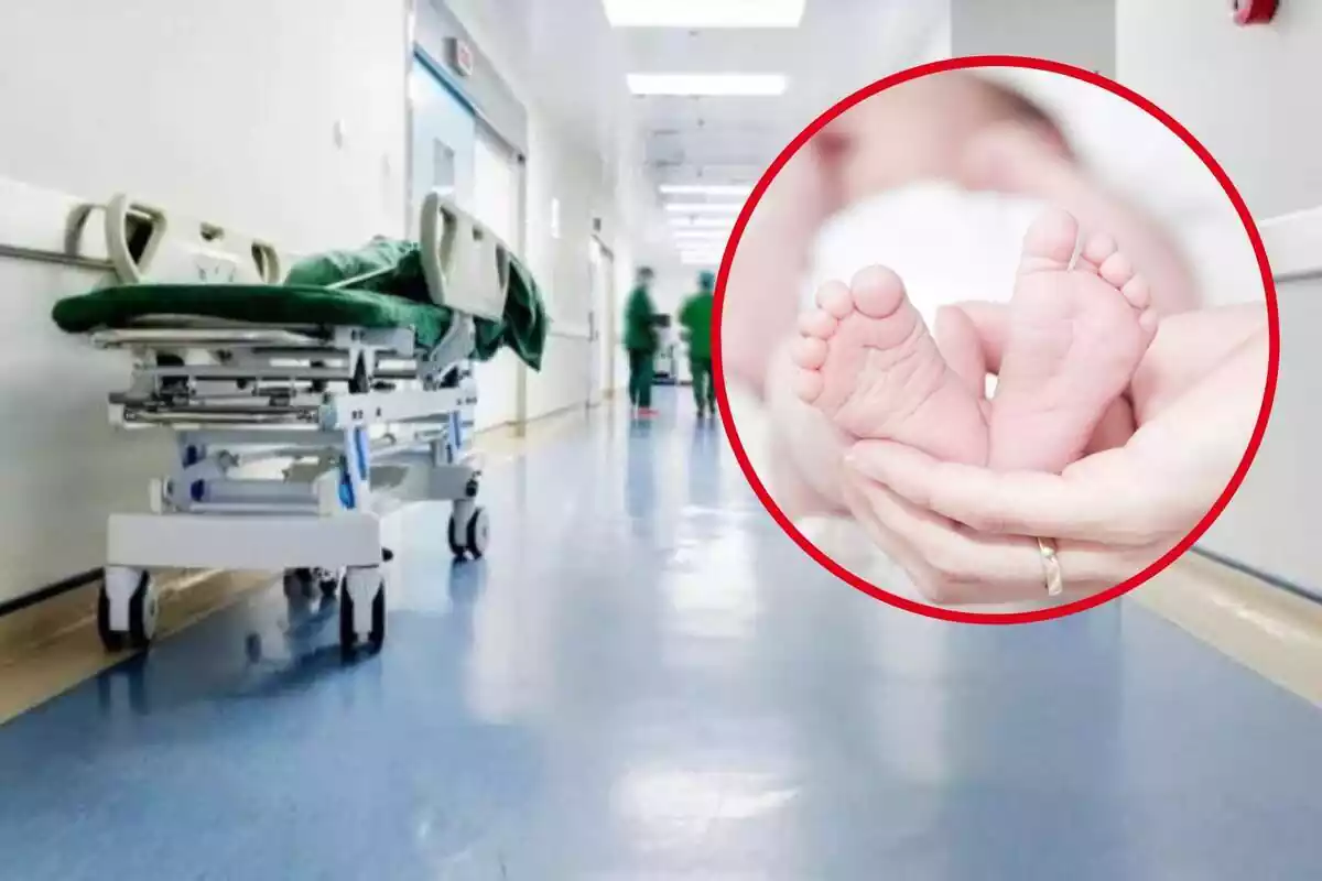 El passadís d'un hospital, amb una llitera, i al cercle, uns peus d'un bebè subjectes per una mà