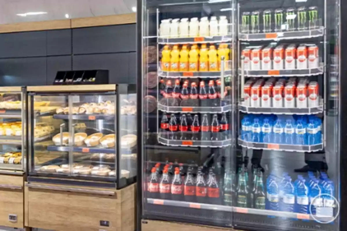 A bakery display case with various baked goods next to a refrigerator full of beverages such as soft drinks, juices and energy drinks. A bakery display case with various baked goods next to a refrigerator full of beverages such as soft drinks, juices and energy drinks.