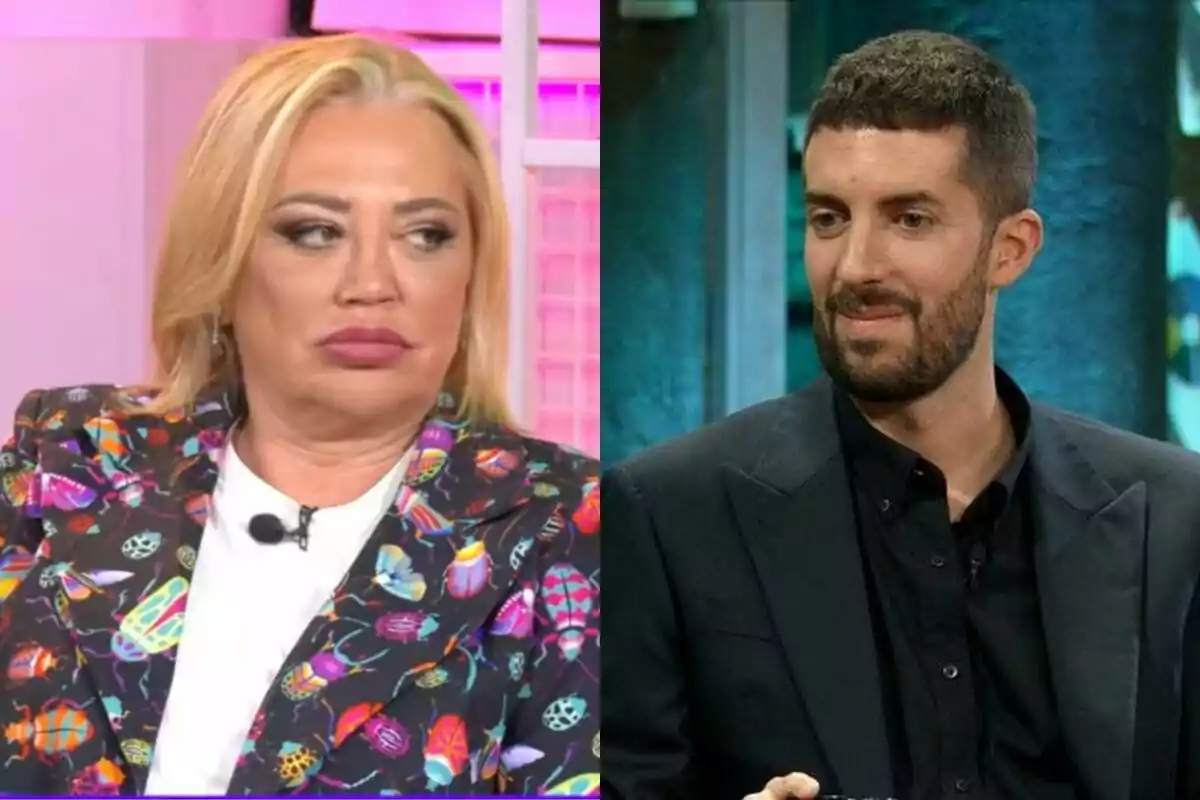 Belén Esteban i David Broncano en un programa de televisió, una dona amb jaqueta acolorida i un home amb vestit fosc.