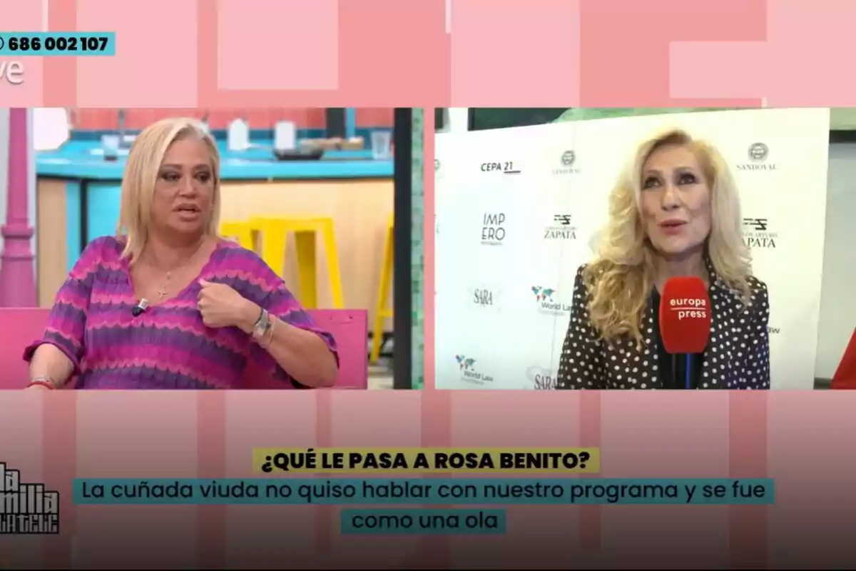 A la imatge s'observa dues dones en un programa de televisió, una d'elles està asseguda en un sofà rosa amb un fons de cuina i l'altra està dreta amb un micròfon vermell d'Europa Press, el text a la part inferior pregunta sobre Rosa Benito i menciona que la cunyada vídua no va voler parlar amb el programa. A la imatge s'observa dues dones en un programa de televisió, una d'elles està asseguda en un sofà rosa amb un fons de cuina i l'altra està dreta amb un micròfon vermell d'Europa Press, el text a la part inferior pregunta sobre Rosa Benito i menciona que la cunyada vídua no va voler parlar amb el programa.