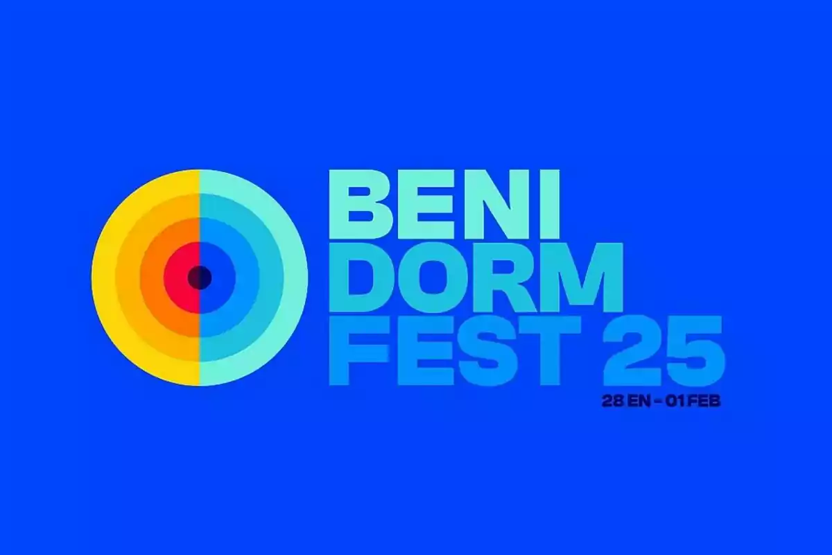 Logo del Benidorm Fest 25 con círculos concéntricos de colores sobre fondo azul y fechas del evento del 28 de enero al 1 de febrero.