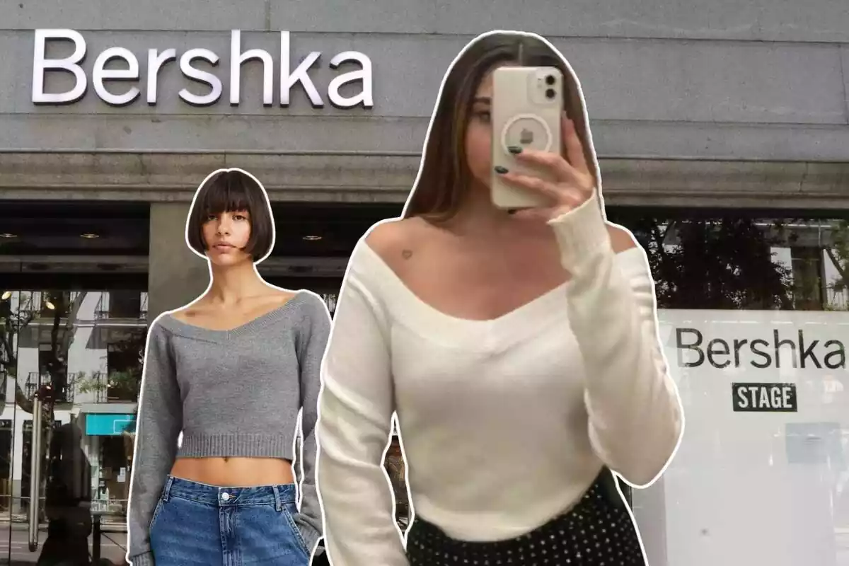 Imatge de fons d'una botiga Bershka i dues imatges més de dues persones posant amb un jersei en pic de la marca