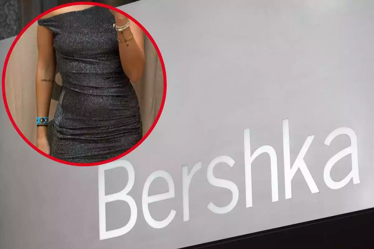 Imatge de fons d'un logo de la botiga Bershka amb una altra persona posant amb un vestit de brillantors i plata de la mateixa marca