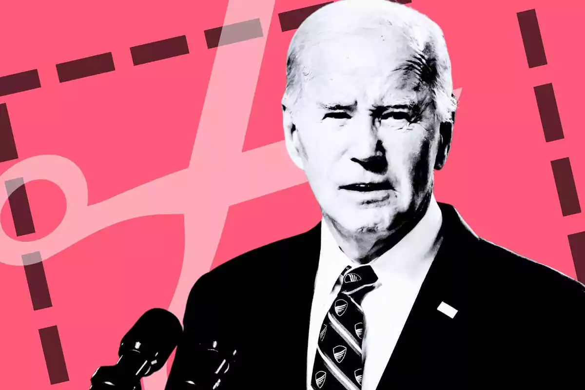 Imatge de Joe Biden en blanc i negre amb unes tisores de fons