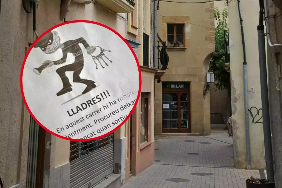 A warning sign about thefts on a street, featuring an illustration of a masked thief holding a bunch of keys, is overlaid on an image of a narrow street with old buildings and a shop in the background.