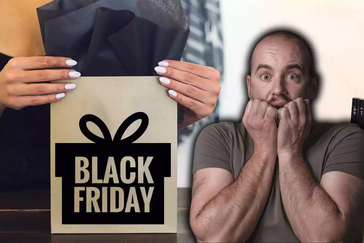 Muntatge amb una imatge d'una bossa de compra on posa Black Friday i una altra imatge d'un home espantat