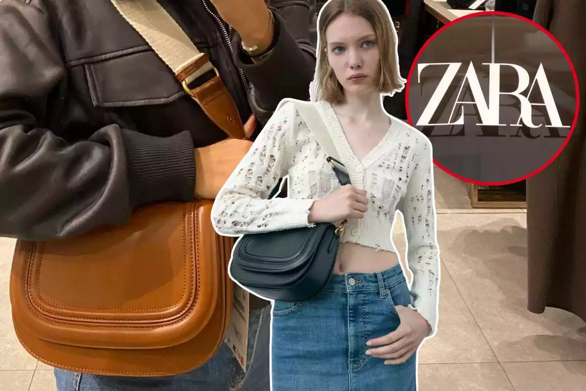 Imatge de fons d'una persona posant amb una bossa bandolera marró de Zara, una segona persona posant amb la mateixa bossa de color negre i una tercera imatge d'un logo de Zara en una façana