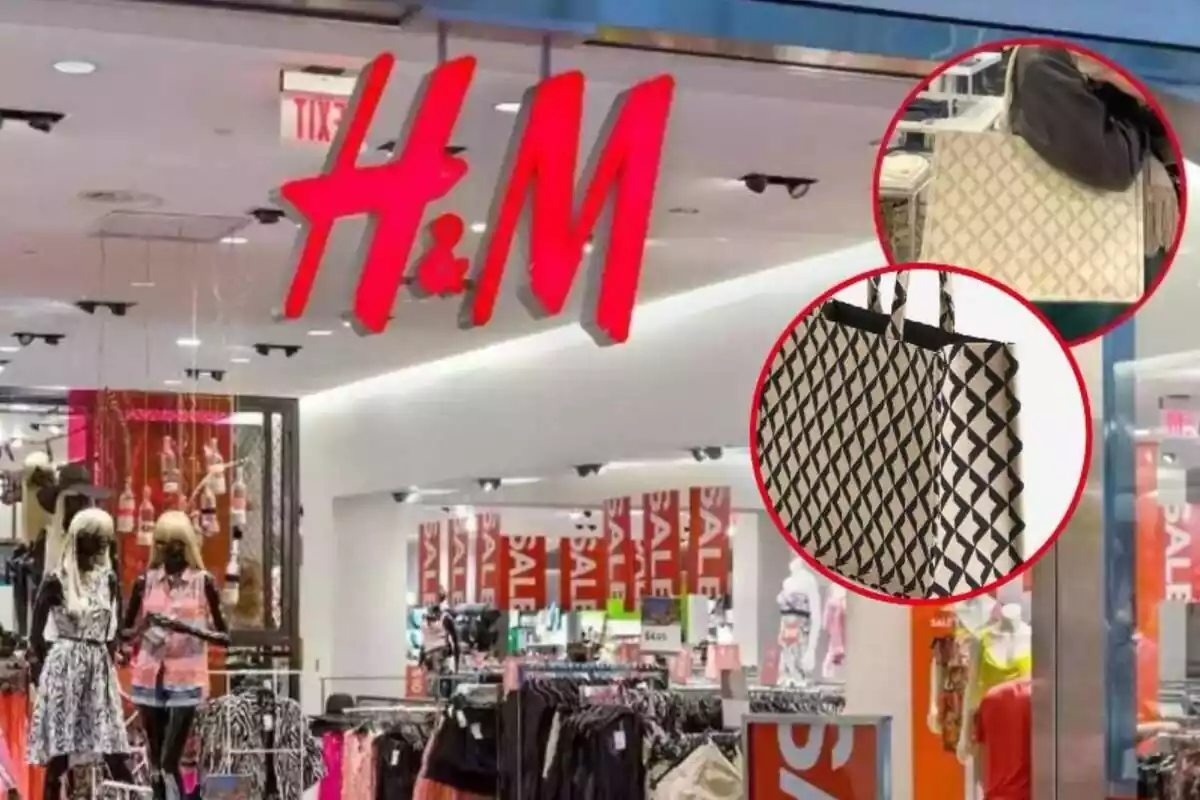 Imatge de fons d'una botiga H&M i dues imatges més de la bossa jacquard en dos tons de la mateixa marca